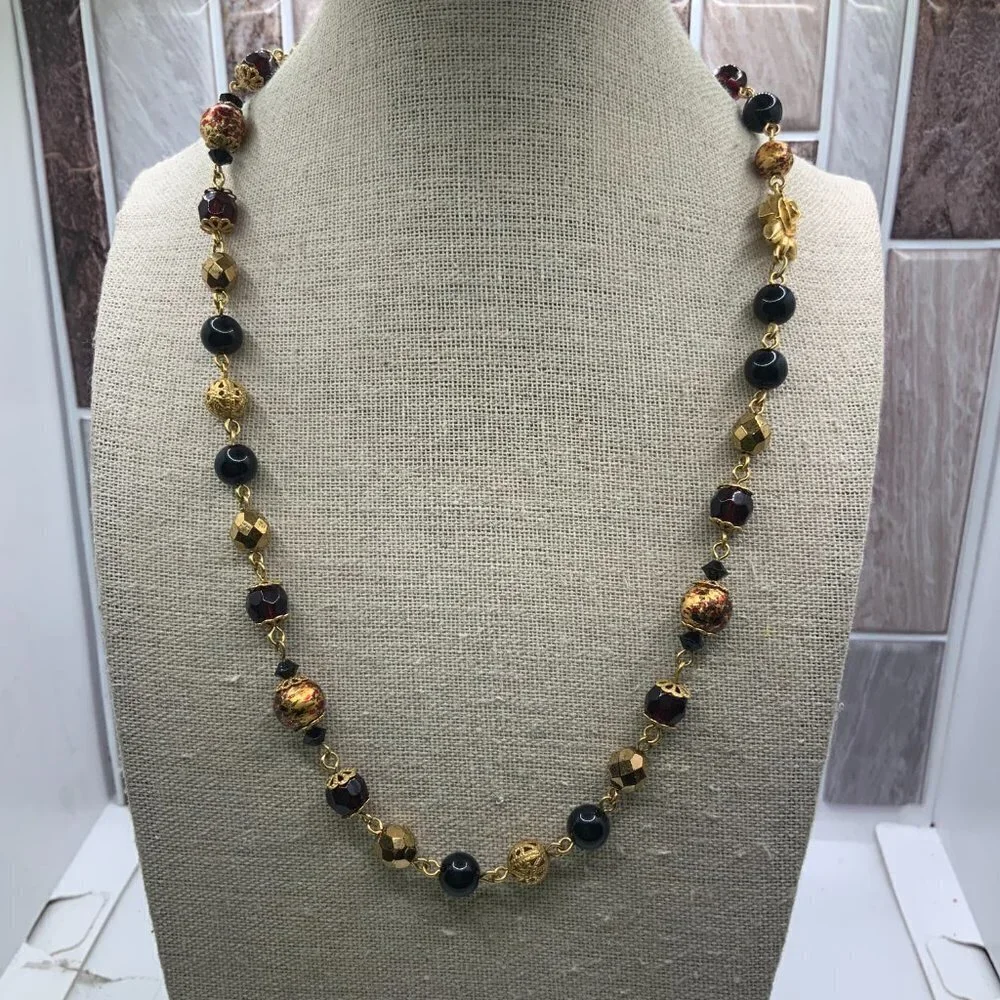 Liz Claiborne Vintage Gold Tone Filigree Beaded Lucite Necklace